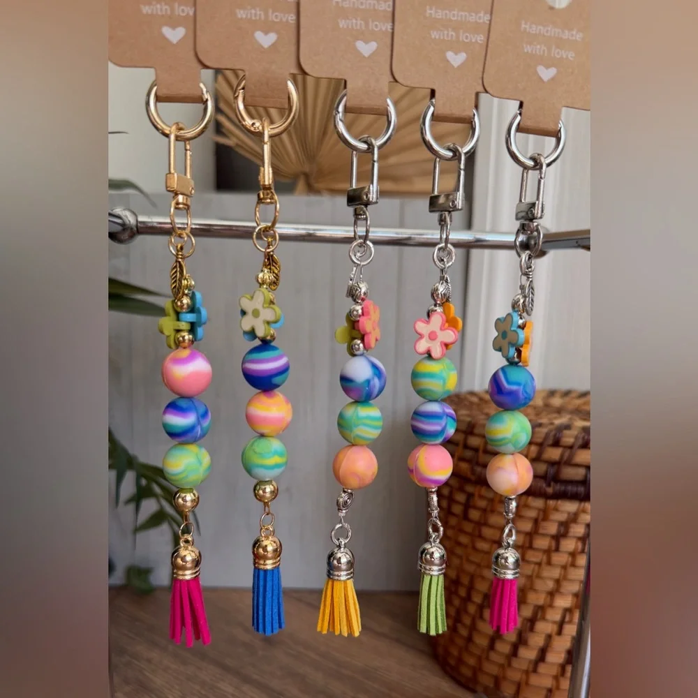 Flower Power Multicolor Swirl Silicone Bead Bag Charm Keychain
